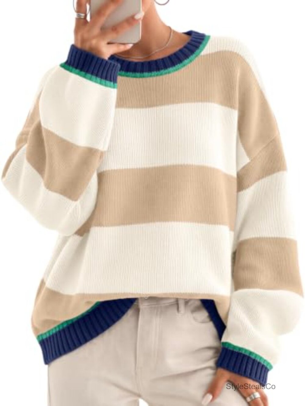 Oversized Striped Crewneck Sweater Cotton Acrylic Pullover